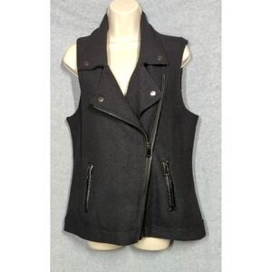 Vtg Moto Vest Black Wool Women L Faux Leather Trim Boho Goth Hipster Versatile